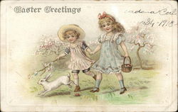 Easter Greetings: Two Girls Run After A Rabbit With Children Postcard Postcard Postcard