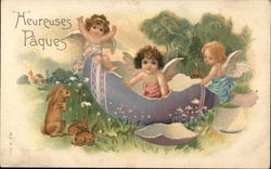 3 Cherubs in Broken Easter Egg with Bunnies Postcard