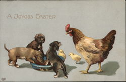 A Joyous Easter - Puppies Eating with Rooster and Chicks Watching Postcard