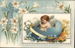 Hatching Angel with Lilies and Forget-Me-Not Cross Postcard