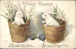 Two White Bunnies in Two Baskets with Flowers Postcard