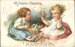 A Happy Easter - Children Coloring Eggs Postcard Postcard Postcard