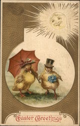 Easter Greetings - Easter Chicks Wearing Hats and Umbrella With Chicks Postcard Postcard Postcard