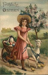 Girl with Lamb Pulling Wagon Full of Easter Eggs With Children Postcard Postcard Postcard