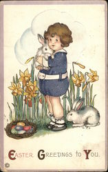 Easter Greetings to You - Girl Holding Bunny in Daffodils With Children Postcard Postcard Postcard