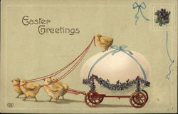 Easter Greetings - Chicks Pulling Cart Carrying Large Egg Postcard