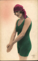 Woman in Green Bathing Costume Swimsuits & Pinup Postcard Postcard Postcard