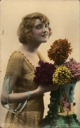 Woman Posing With Vase of Crysenthemums Postcard