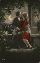 Lovers Embracing on Bench, Moonlight Postcard