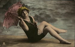 Beautiful Girl with Pink Umbrella at the Shore Postcard