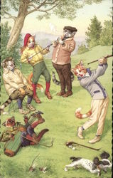 Comic Illustration - Cats in Clothing Playing Golf Postcard