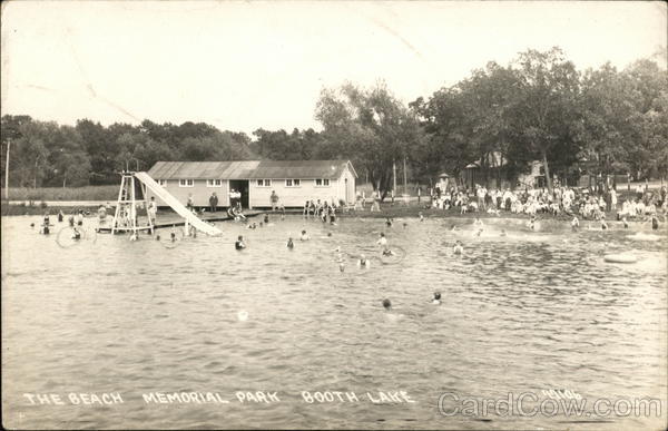 The Beach, Memorial Park, Booth Lake Minocqua, WI Postcard