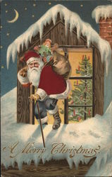 A Merry Christmas-Santa on Roof Santa Claus Postcard Postcard Postcard