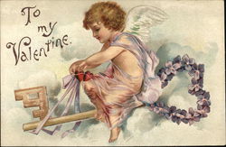 Cupid Flying Key with Flowers Postcard Postcard Postcard