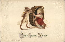 Best Easter Wishes: Rabbit Holding A Basket With A Child Postcard