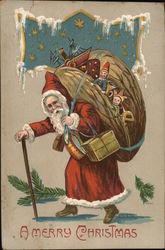 A Merry Christmas: Santa Holding A Walking Stick and a Bag of Toys Santa Claus Postcard Postcard Postcard