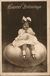 Easter Blessings - Child Holding White Bunny Sitting on an Egg Postcard