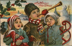 A Merry Christmas. Three children with toys in the snow Postcard