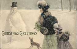 Christmas Greetings - Woman, child and dog in snow with snowman Snowmen Postcard Postcard Postcard