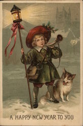 A Happy New Year - Boy with Dog Postcard