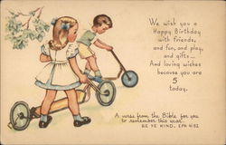 Children with Scooters - 5 year old birthday Postcard Postcard Postcard