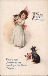 A Very Happy Birthday. A little girl holding a cat a sitting dog holding flowers. Postcard Postcard Postcard