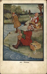 Three Men Fishing Near Water Postcard