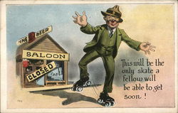 Drunk Man on Roller Skates in Front of Closed Saloon Postcard