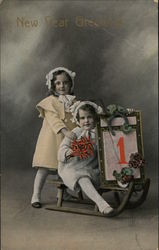 New Year Greetings - Children on Sled Postcard