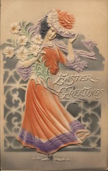 Easter Greetings: Woman With A Hat Holds Flowers Postcard Postcard Postcard