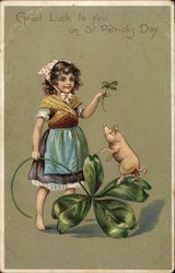 St Patrick's Day-Child Holding Clover with Pig St. Patrick's Day Postcard Postcard Postcard