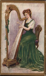 Woman Playing Harp Music Postcard Postcard Postcard