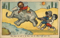 Black Children Playing with Elephant Postcard