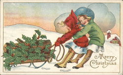 Merry Christmas-Children Pulling Sleigh Full of Holly Postcard Postcard Postcard