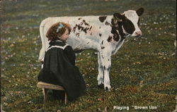 Playing "Grown Ups"- Girl Milking Cow Postcard