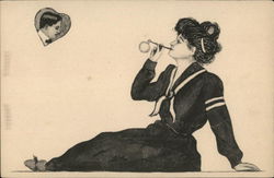 Woman blowing bubbles Women Postcard Postcard Postcard