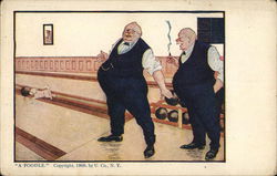 Two Men Watch A Dog Chase After a Bowling Ball Postcard Postcard Postcard