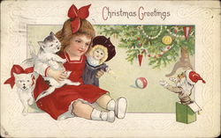 A Girl with Two Cats and A Doll Postcard