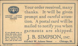 Order Confirmation, J.B. Simpson, Inc. Advertising Postcard Postcard Postcard