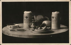 Advertisement Wurzburger Hofbrau B&W Photo of a table set with pub food Restaurants Postcard Postcard Postcard