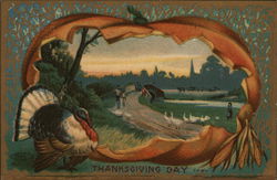 Thanksgiving Day - Fall Scene with Pumpkin & Turkey Postcard