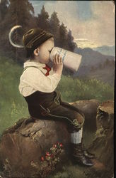 German Boy Drinking from Beer Stein Postcard