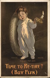 Child Holds a Tire and Candle Postcard