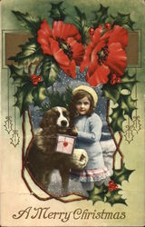 Girl with St. Bernard Carrying Present Postcard