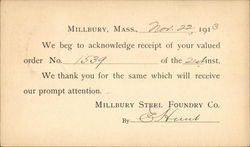 Order Receipt from Millbury Steel Foundry Co. Postcard