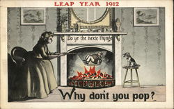 Leap Year 1912-Woman with a Man in a Popcorn Basket over a Fire Postcard Postcard Postcard