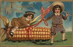 Thanksgiving Greetings - Child Riding Corn Cob, Flag Children Postcard Postcard Postcard