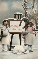 Two Girls Stand in the Snow Beside A New Year Sign Children Postcard Postcard Postcard