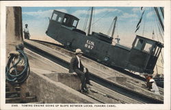 Towing Engine going up Slope between Locks, Panama Canal Postcard