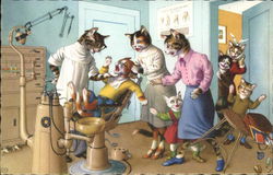 Cartoon Cats at a dentist office dressed in human clothing. Postcard Postcard Postcard